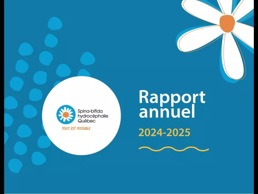 Couverture du rapport annuel de l'ASBHQ illustrant une marguerite, l'emblème du spina-bifida et le logo de l'ASBHQ