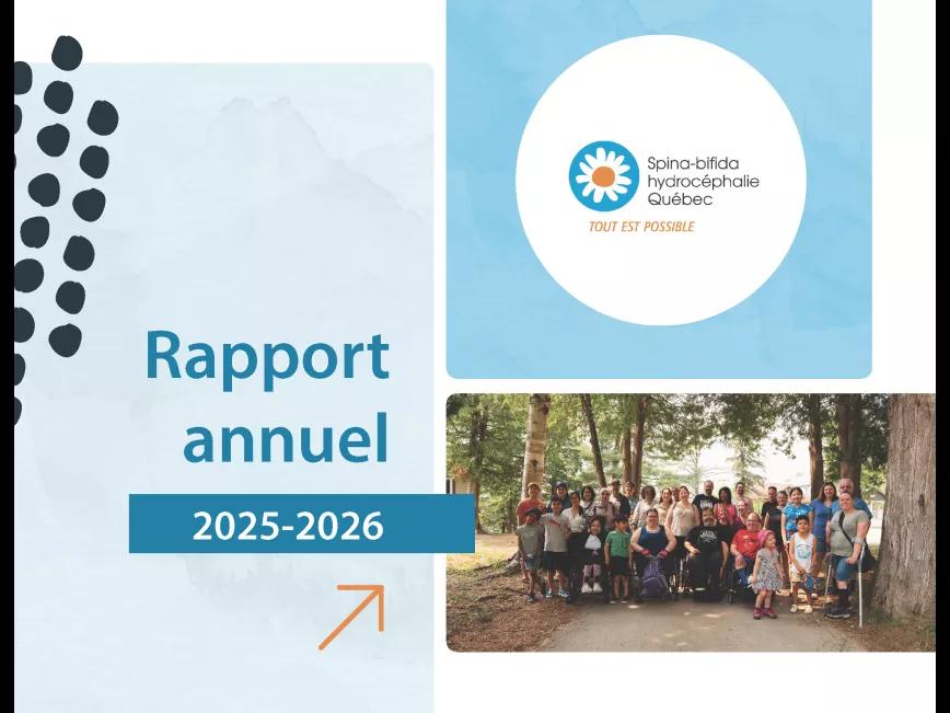 Couverture du rapport annuel 2025-2026 de Spina-bifida et hydrocéphalie Québec présentant le logo de l’organisme et une photo de groupe réunissant des personnes de tous âges dans la nature.