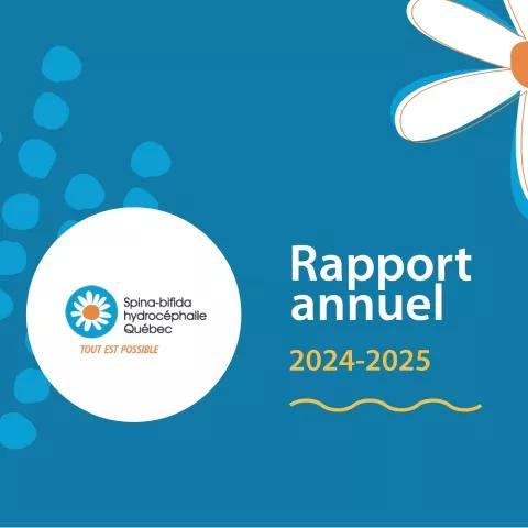 Couverture du rapport annuel de l'ASBHQ illustrant une marguerite, l'emblème du spina-bifida et le logo de l'ASBHQ