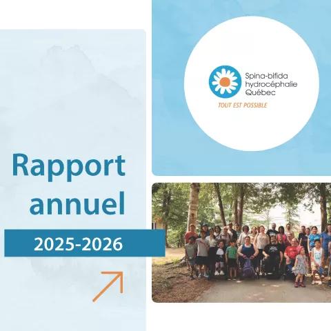 Couverture du rapport annuel 2025-2026 de Spina-bifida et hydrocéphalie Québec présentant le logo de l’organisme et une photo de groupe réunissant des personnes de tous âges dans la nature.